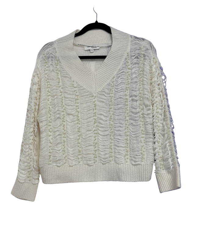 Vero Moda White Pearl Embellished Distressed V-Neck Sweater