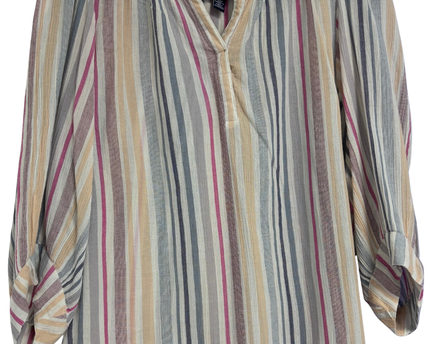 Chaps Multicolor Striped V-Neck Blouse with Roll-Tab Sleeves
