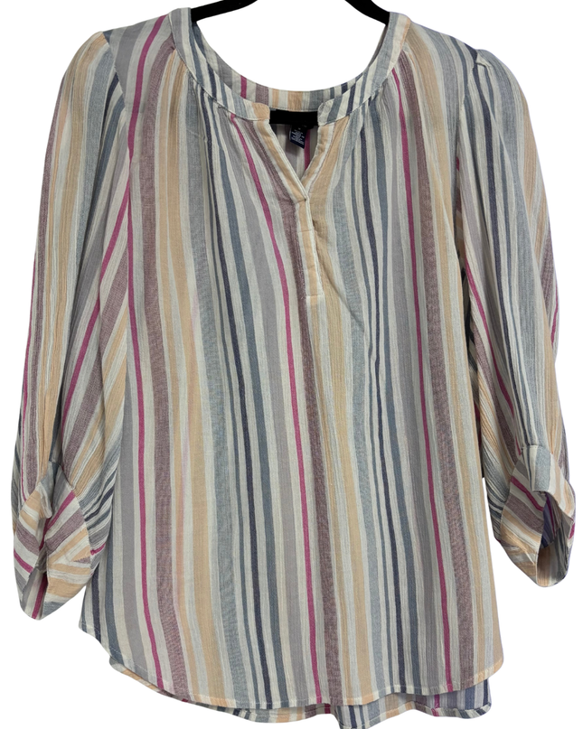 Chaps Multicolor Striped V-Neck Blouse with Roll-Tab Sleeves