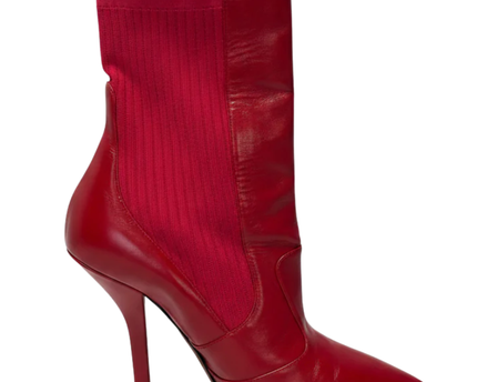 Fendi Red Leather and Ribbed Knit Pointed Toe Sock Boots