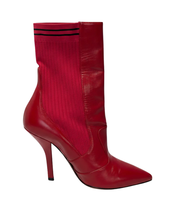 Fendi Red Leather and Ribbed Knit Pointed Toe Sock Boots