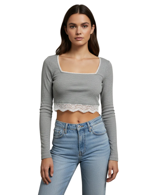 Skylar Rose Grey Ribbed Lace Trim Crop Top W/Tags