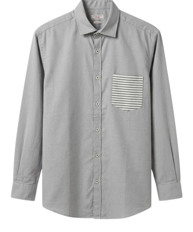 Zara Man Grey Cotton Button-Down Shirt with Striped Pocket