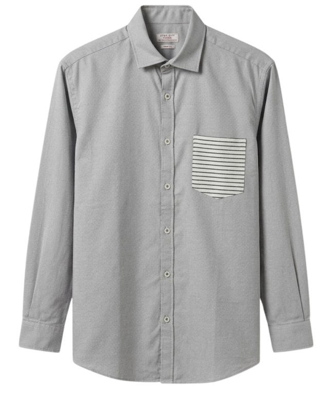Zara Man Grey Cotton Button-Down Shirt with Striped Pocket
