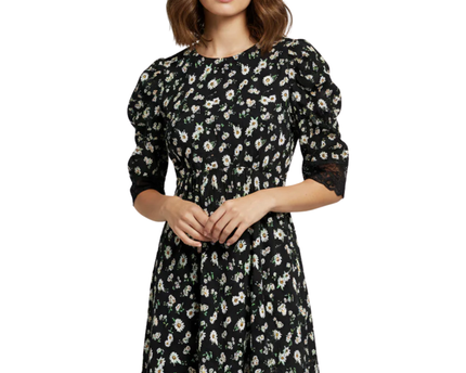 ASOS DESIGN Black Floral Daisy Puff Sleeve Mini Dress with Lace Trim