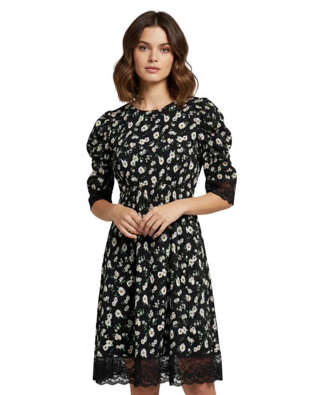 ASOS DESIGN Black Floral Daisy Puff Sleeve Mini Dress with Lace Trim