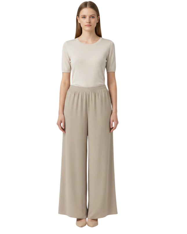 ZARA Beige Wide-Leg Elasticated Flowy Pants
