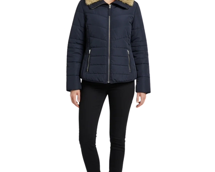 Q/S designed by Navy Blue Quilted Puffer Jacket with Faux Fur Trim