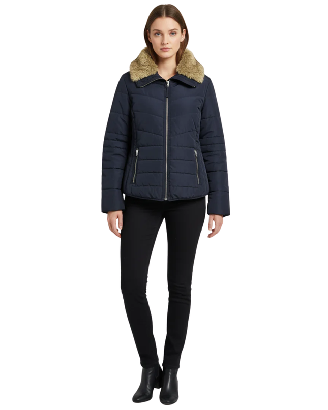 Q/S designed by Navy Blue Quilted Puffer Jacket with Faux Fur Trim