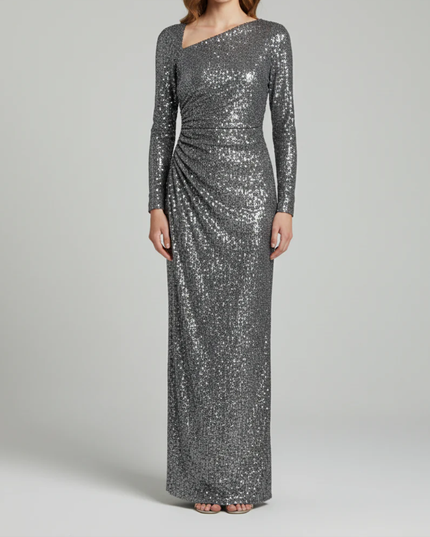 Pull & Bear Silver Sequin One-Shoulder Maxi Dress