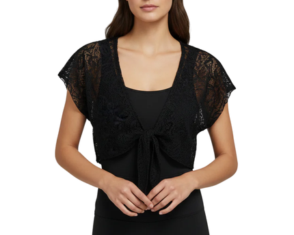 Vivace Black Sheer Lace Tie-Front Cropped Shrug