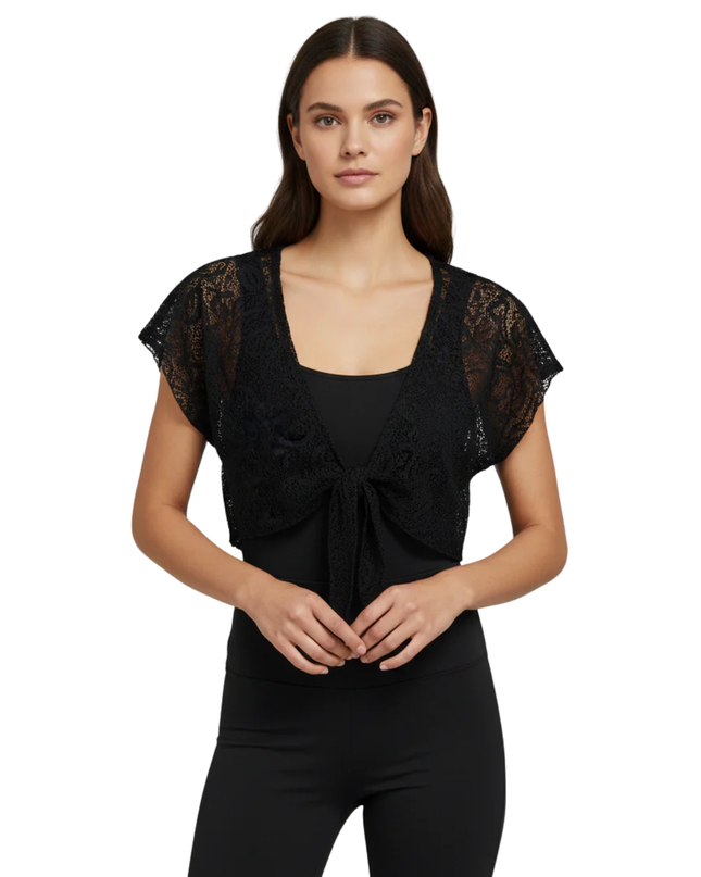 Vivace Black Sheer Lace Tie-Front Cropped Shrug