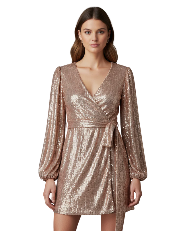 MISSGUIDED Rose Gold Sequin Wrap Long Sleeve Mini Dress
