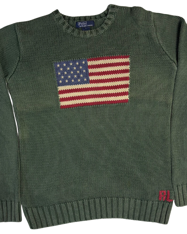 Ralph Lauren Green American Flag Cotton Knit Sweater