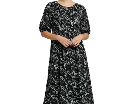ASOS DESIGN Black Floral Puff Sleeve Midi Dress