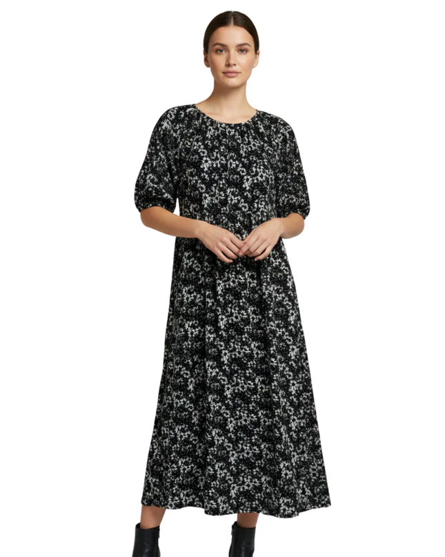 ASOS DESIGN Black Floral Puff Sleeve Midi Dress