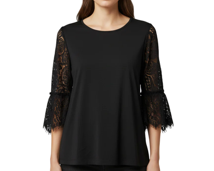 JohnPaulRichard Black Fancy Lace Sleeve Petite Blouse W/Tags