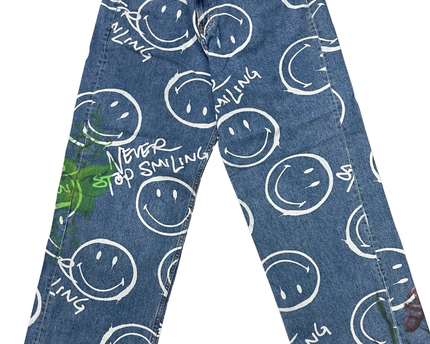 H&M x Smiley Blue All-Over Print Wide-Leg Graphic Jeans