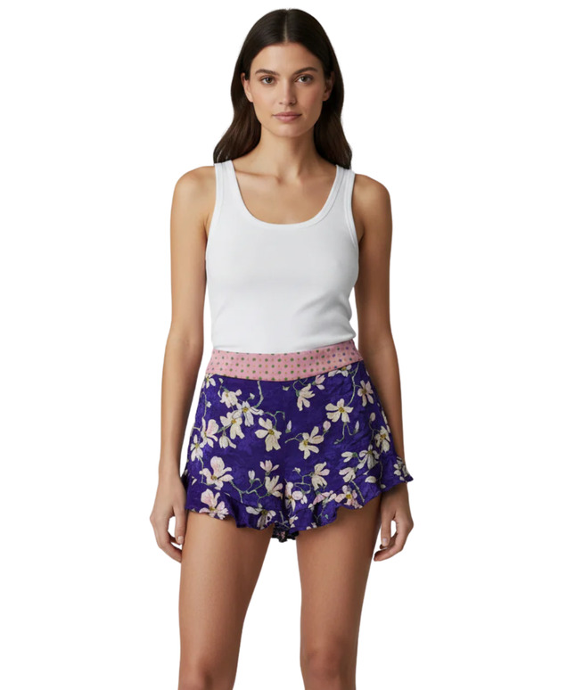 Mango Purple Floral Ruffle Hem Shorts