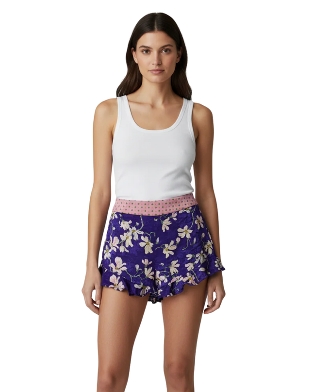 Mango Purple Floral Ruffle Hem Shorts
