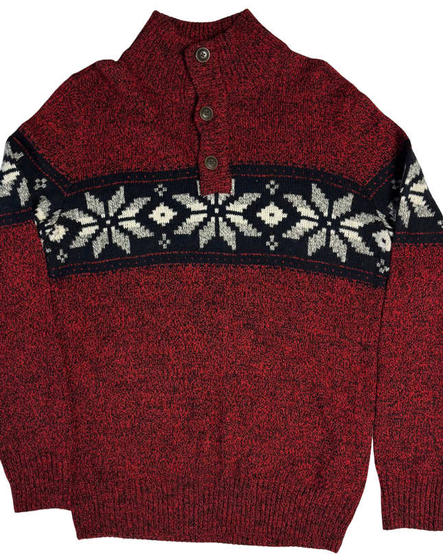 American Eagle Outfitters Red Fair Isle Button Mock Neck Sweater