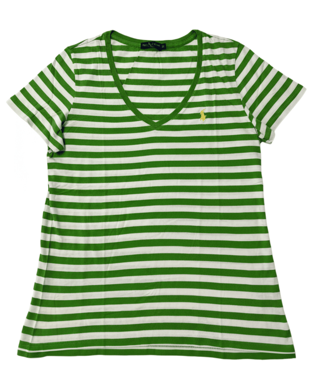Ralph Lauren V-Neck Striped Green & White T-Shirt