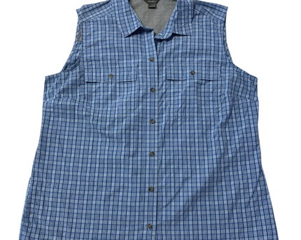 Eddie Bauer Blue Plaid Sleeveless Button-Down Hiking Shirt