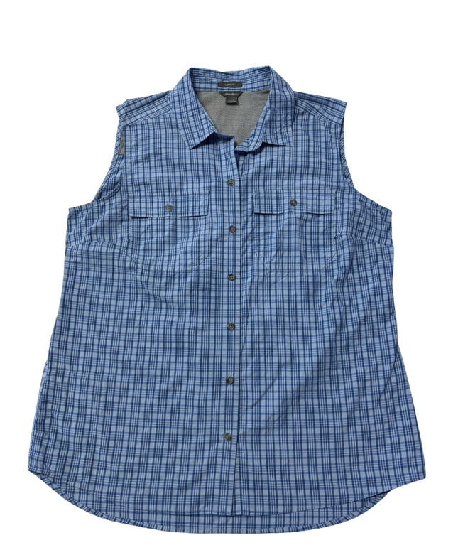 Eddie Bauer Blue Plaid Sleeveless Button-Down Hiking Shirt