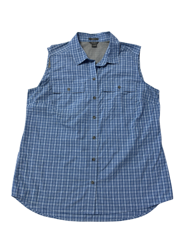Eddie Bauer Blue Plaid Sleeveless Button-Down Hiking Shirt