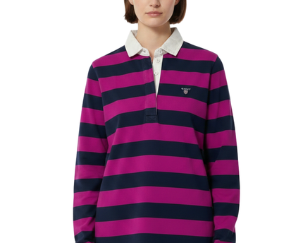 GANT Magenta and Navy Striped Long Sleeve Rugby Polo Shirt