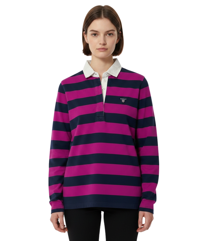 GANT Magenta and Navy Striped Long Sleeve Rugby Polo Shirt