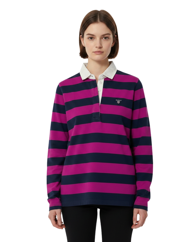 GANT Magenta and Navy Striped Long Sleeve Rugby Polo Shirt
