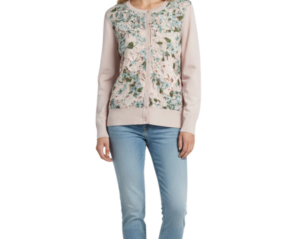 Charter Club Pink Floral Lace Overlay Button-Up Cardigan