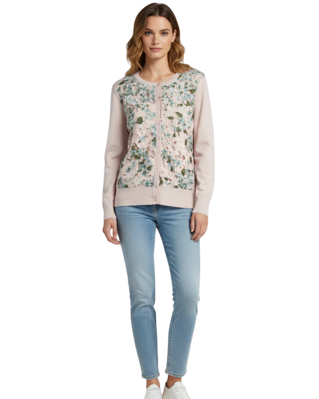 Charter Club Pink Floral Lace Overlay Button-Up Cardigan