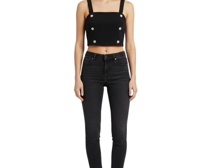 Reserved Black Square Neck Rose Button Crop Top W/Tags