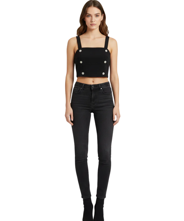 Reserved Black Square Neck Rose Button Crop Top W/Tags