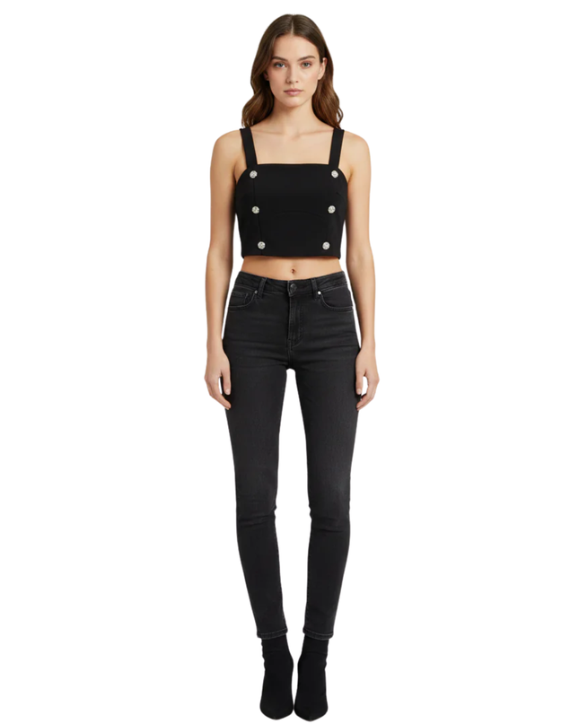 Reserved Black Square Neck Rose Button Crop Top W/Tags