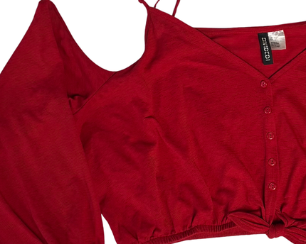 Divided Red Cold Shoulder Button-Front Tie-Hem Crop Top