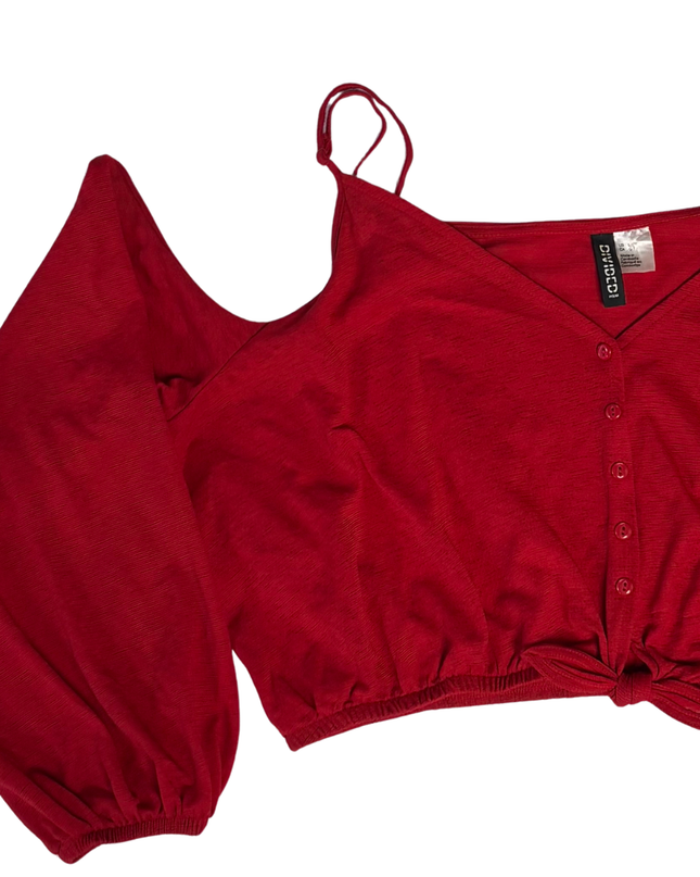 Divided Red Cold Shoulder Button-Front Tie-Hem Crop Top