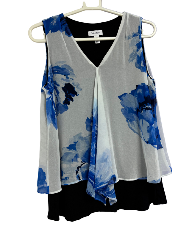 Calvin Klein Black & Blue Floral Layered Sleeveless V-Neck Top