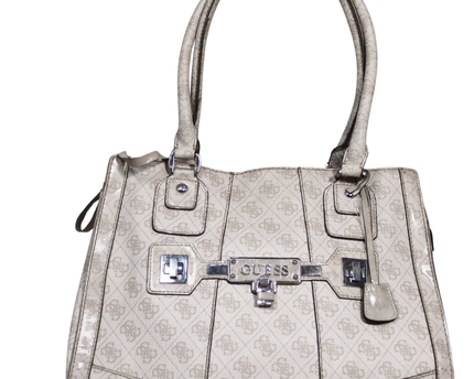 Guess Beige Logo Print Double Handle Satchel Bag