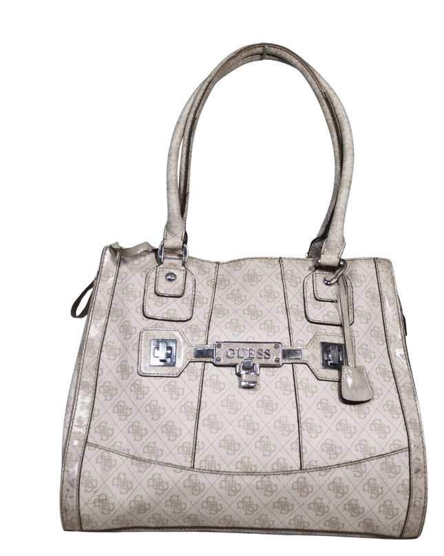 Guess Beige Logo Print Double Handle Satchel Bag