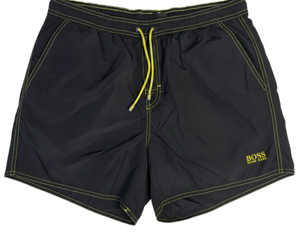 HUGO BOSS Black Board Shorts with Contrast Yellow Stitching