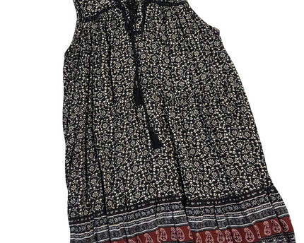 American Eagle Outfitters Black/Cream Patterned Boho Tassel Mini Dress