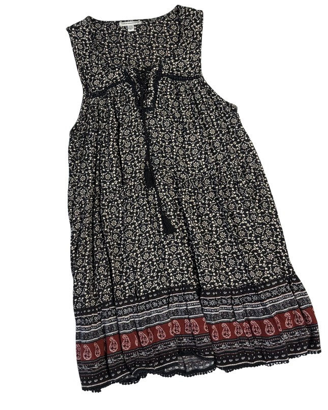 American Eagle Outfitters Black/Cream Patterned Boho Tassel Mini Dress