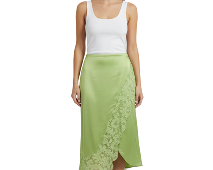Vero Moda Bright Green Satin Midi Skirt with Lace Trim W/Tags