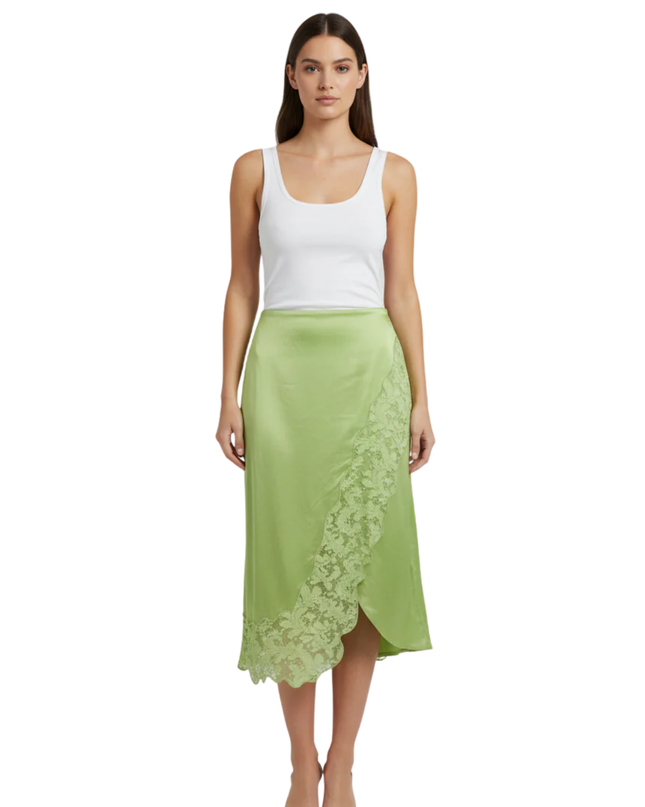 Vero Moda Bright Green Satin Midi Skirt with Lace Trim W/Tags