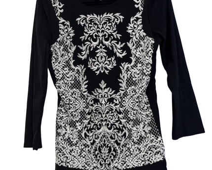 INC International Concepts Black Embroidered 3/4 Sleeve Mesh Top