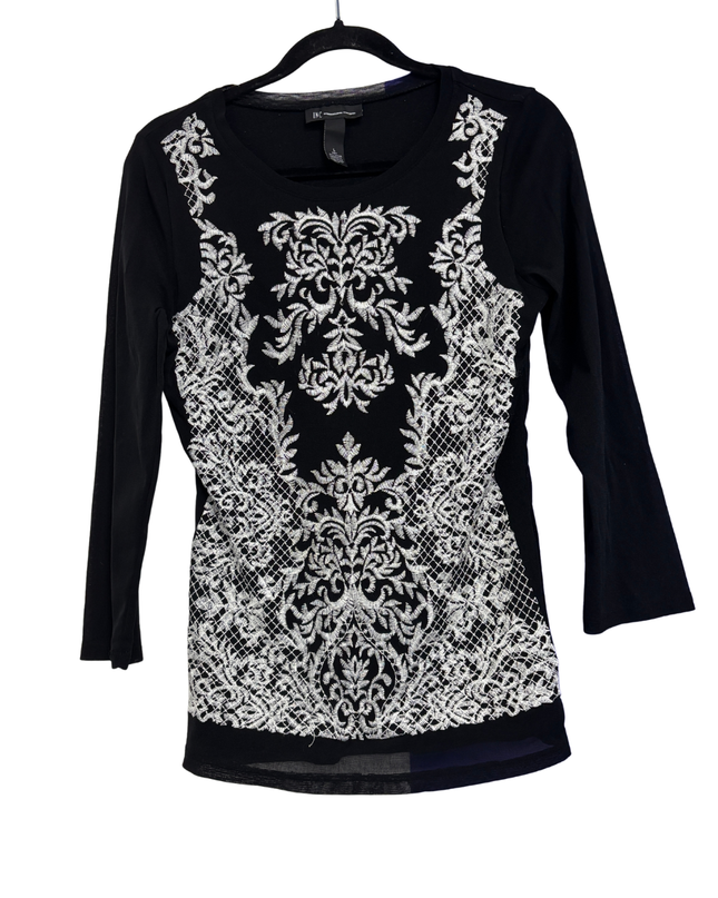 INC International Concepts Black Embroidered 3/4 Sleeve Mesh Top