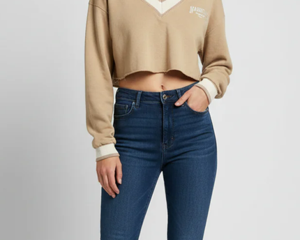 Bershka Beige Nashville Varsity V-Neck Crop Top